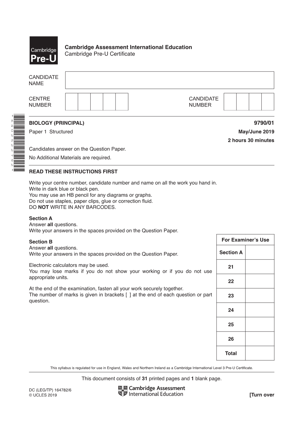 Paper 1 Structured May/June 2019 2 Hours 30 Minutes Candidates Answer on the Question Paper