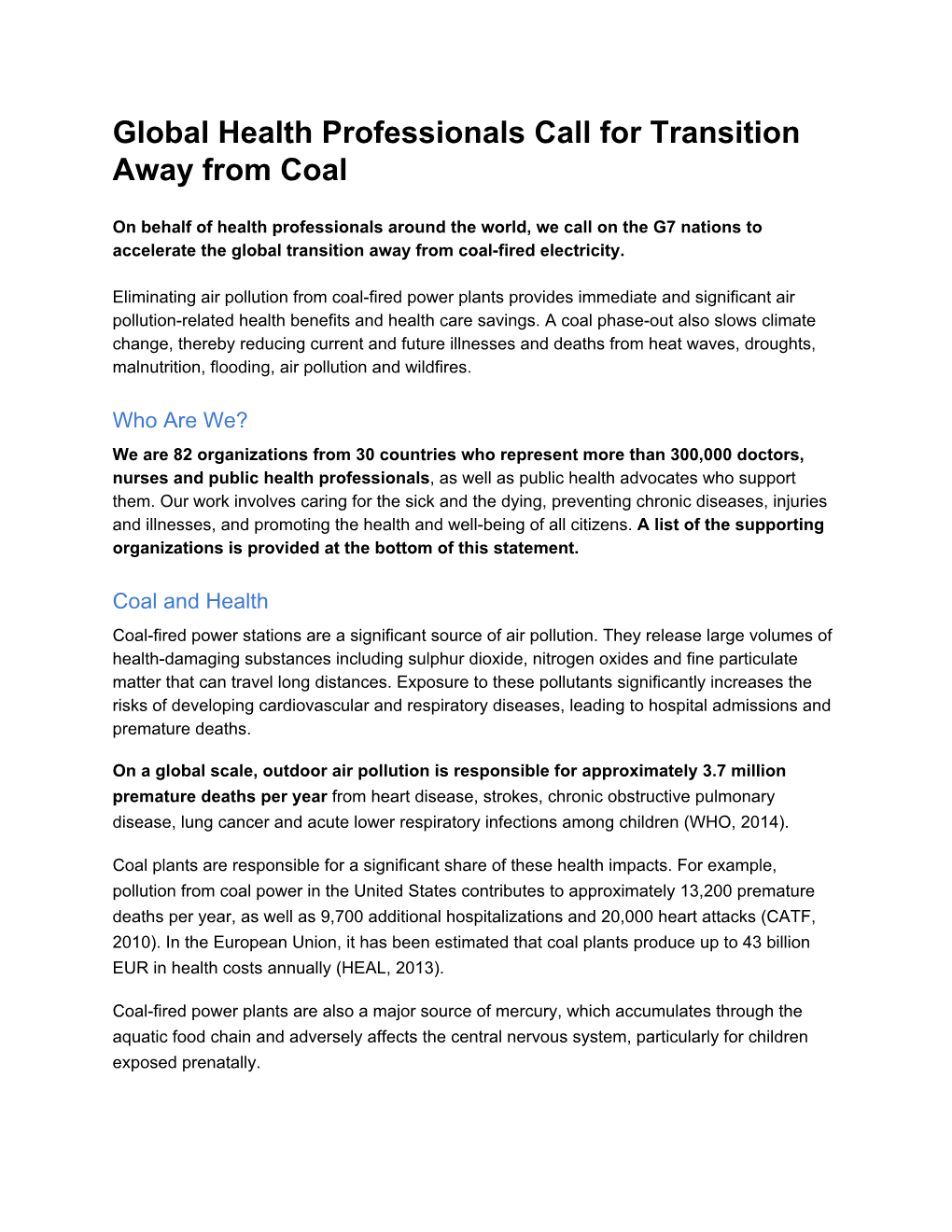 Global Health Professionals Call for Transition Away from Coal