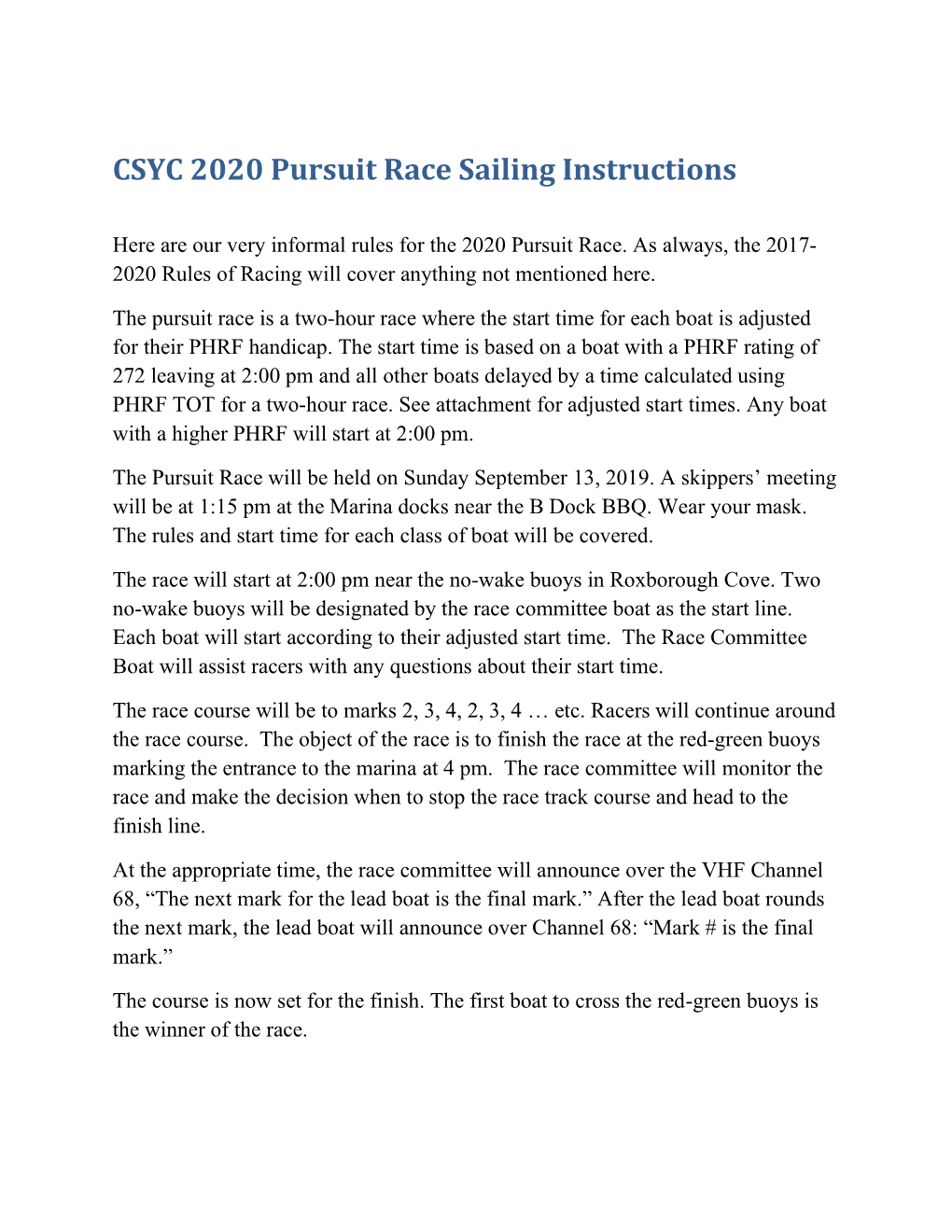 CSYC 2020 Pursuit Race Sailing Instructions