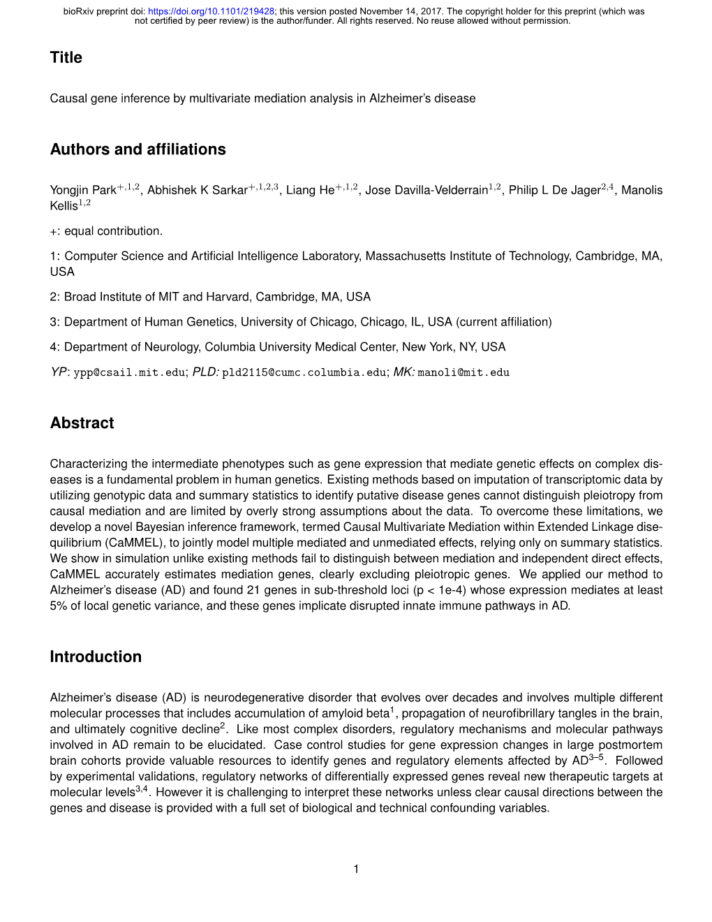 Causal Gene Inference by Multivariate Mediation Analysis in Alzheimer’S Disease