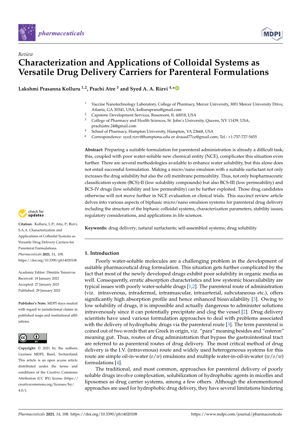 Characterization and Applications of Colloidal Systems As Versatile Drug Delivery Carriers for Parenteral Formulations