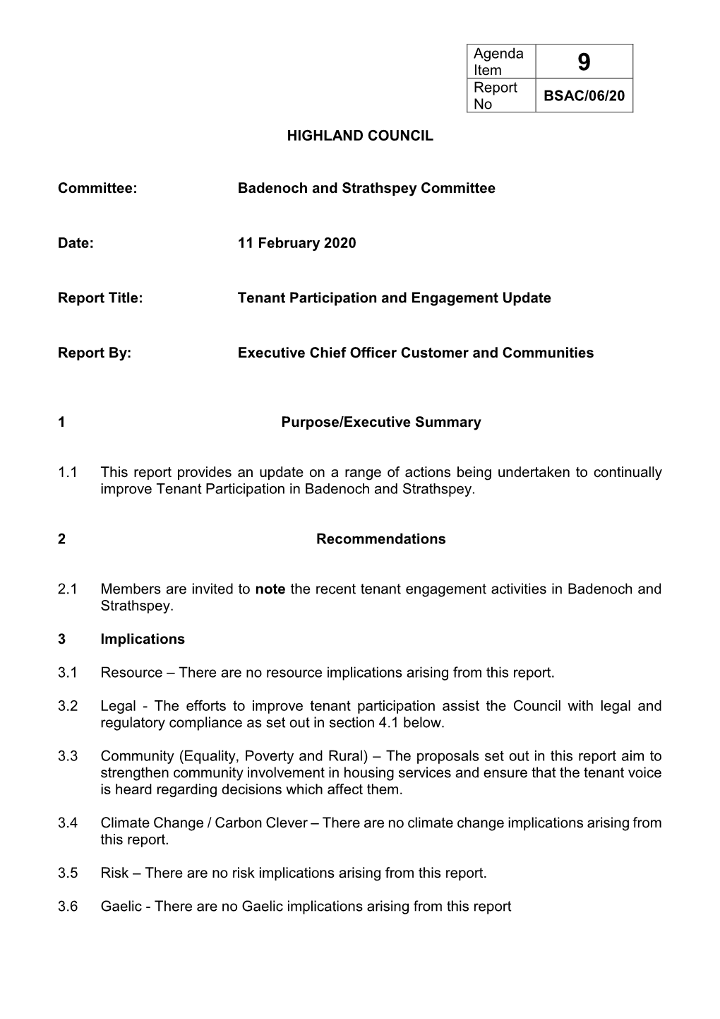 HIGHLAND COUNCIL Committee: Badenoch and Strathspey