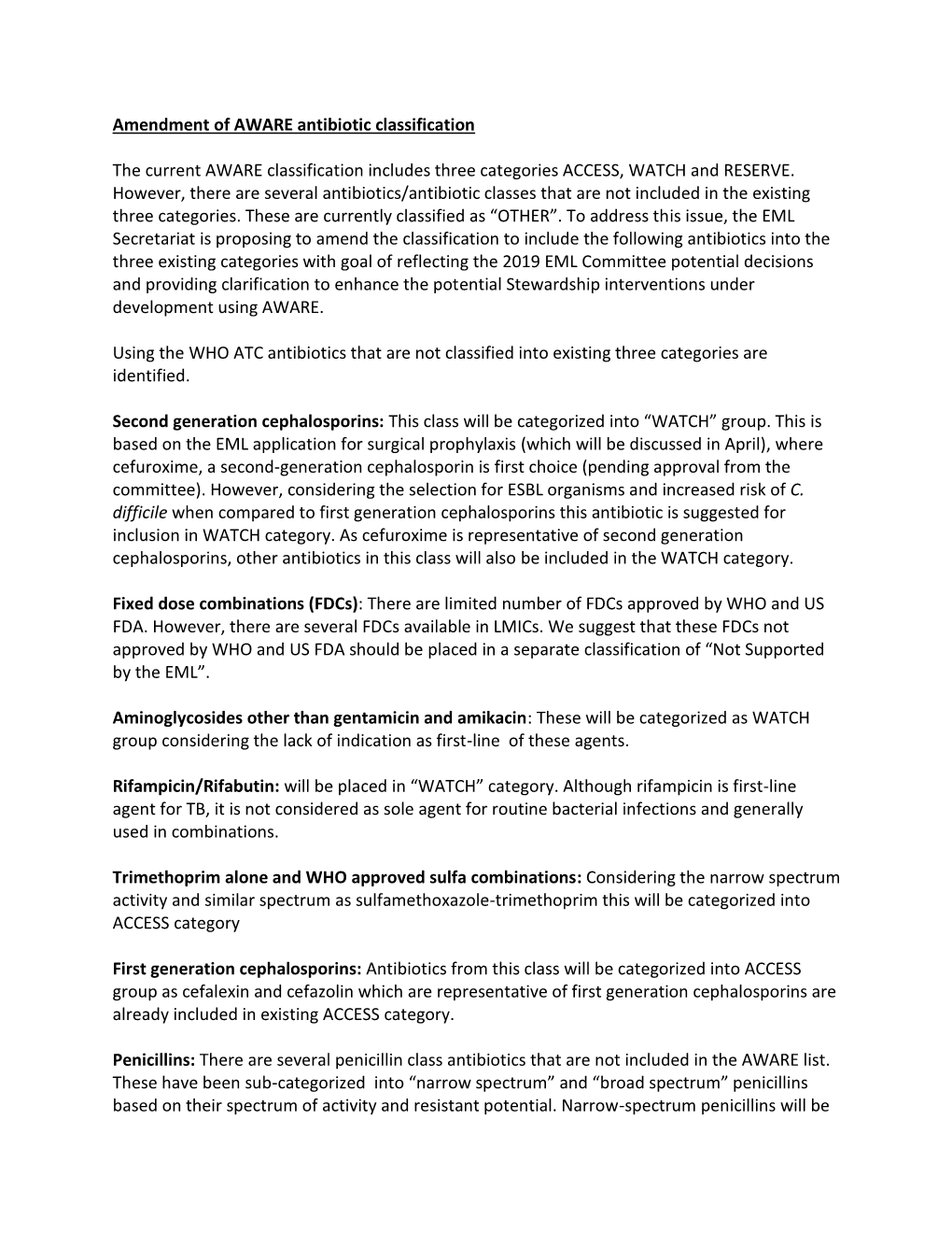 Amendment of AWARE Antibiotic Classification