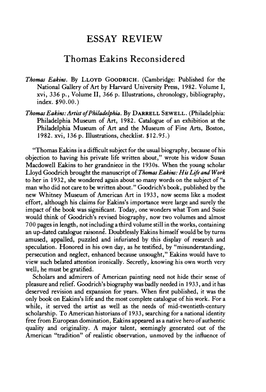 ESSAY REVIEW Thomas Eakins Reconsidered