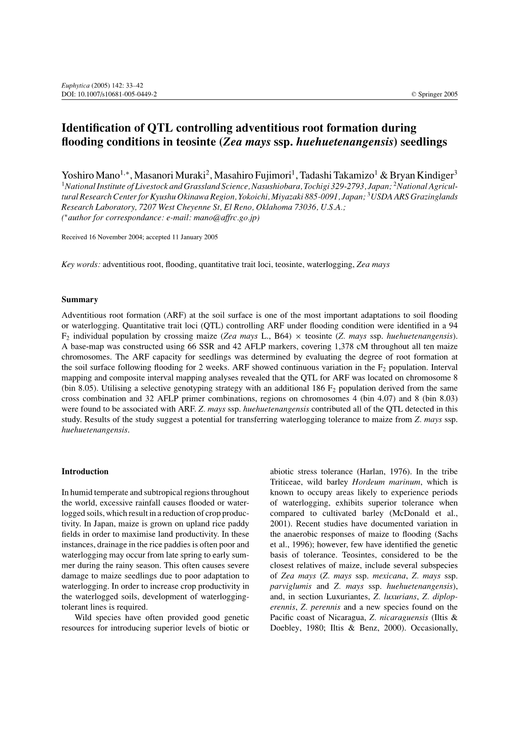 Identification of QTL Controlling Adventitious Root Formation During Flooding Conditions in Teosinte (Zea Mays Ssp. Huehuetenang