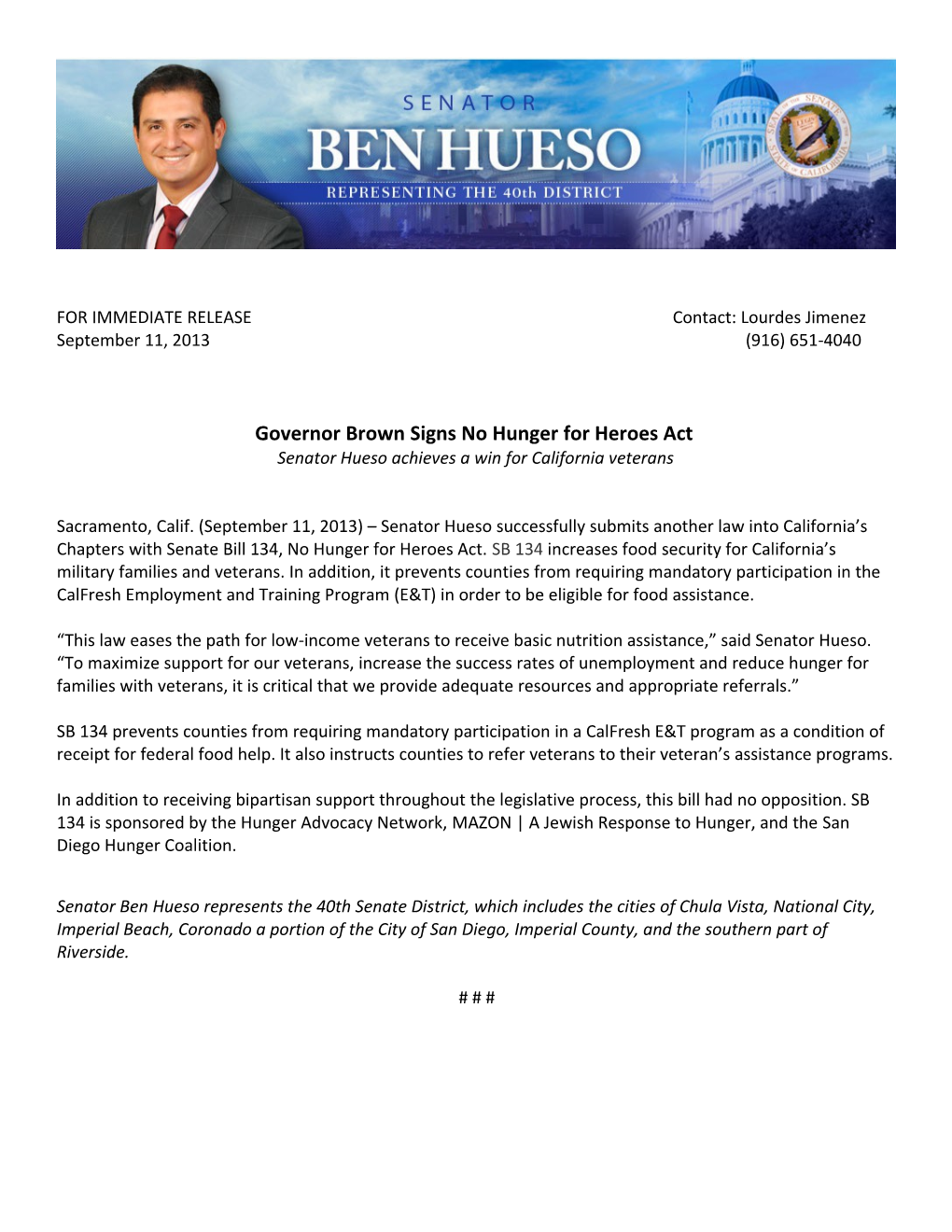 Governor Brown Signs No Hunger for Heroes Act