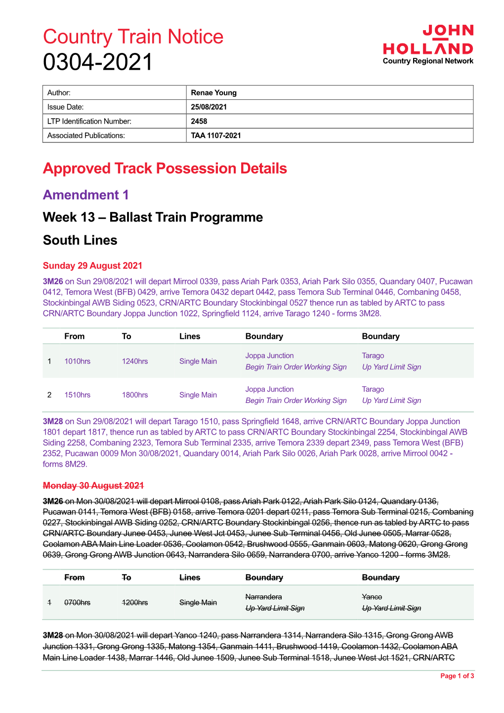 Country Train Notice 0304-2021 Country Regional Network