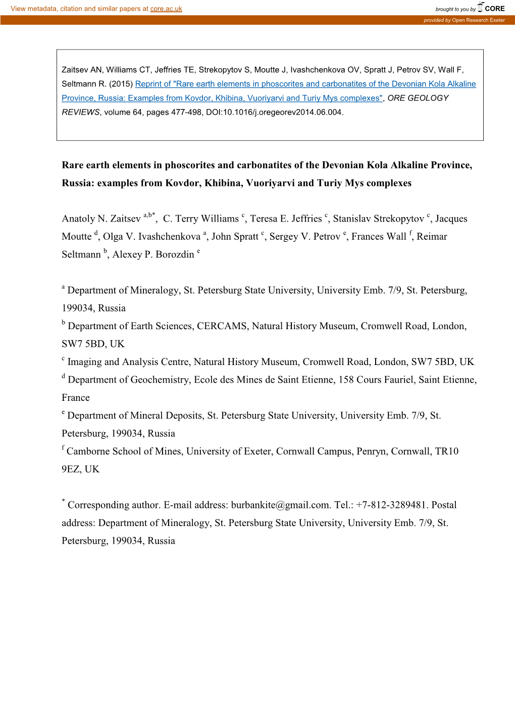 Rare Earth Elements and Minerals in Phoscorites And