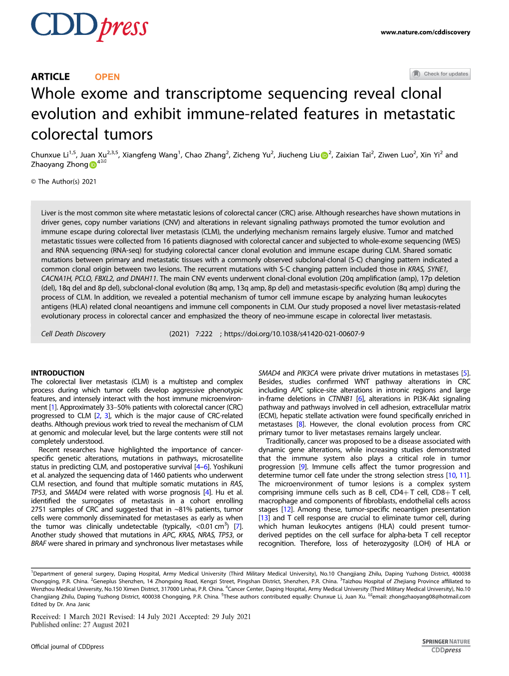 Whole Exome and Transcriptome Sequencing Reveal Clonal Evolution and Exhibit Immune-Related Features in Metastatic Colorectal Tumors