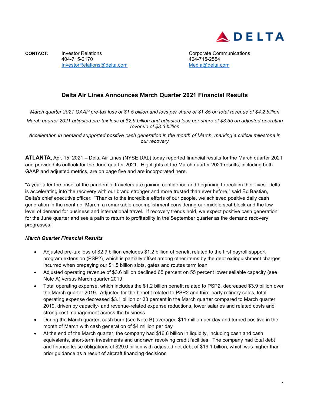 Delta Air Lines March Quarter 2021 Financial Results