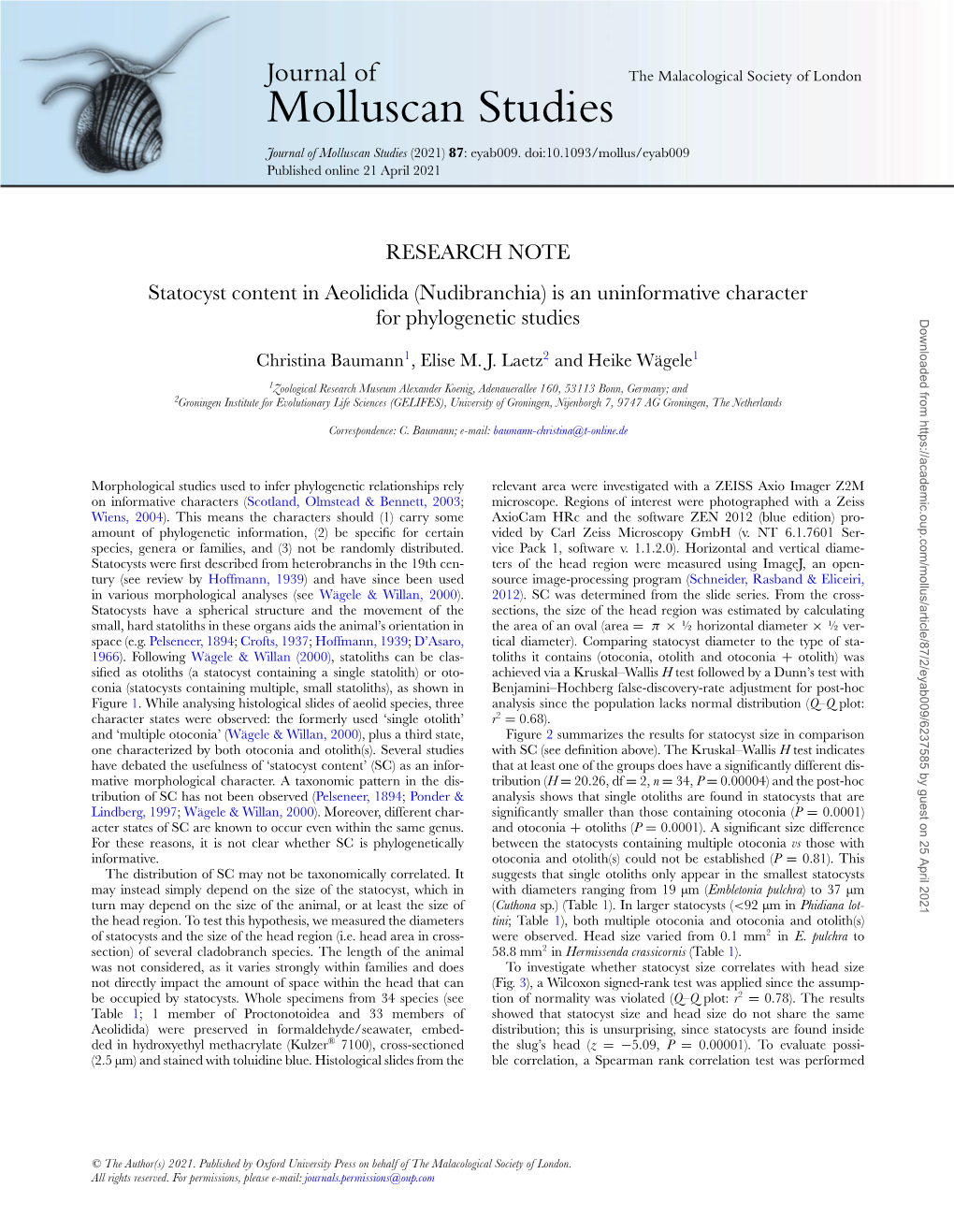 Statocyst Content in Aeolidida (Nudibranchia) Is an Uninformative Character