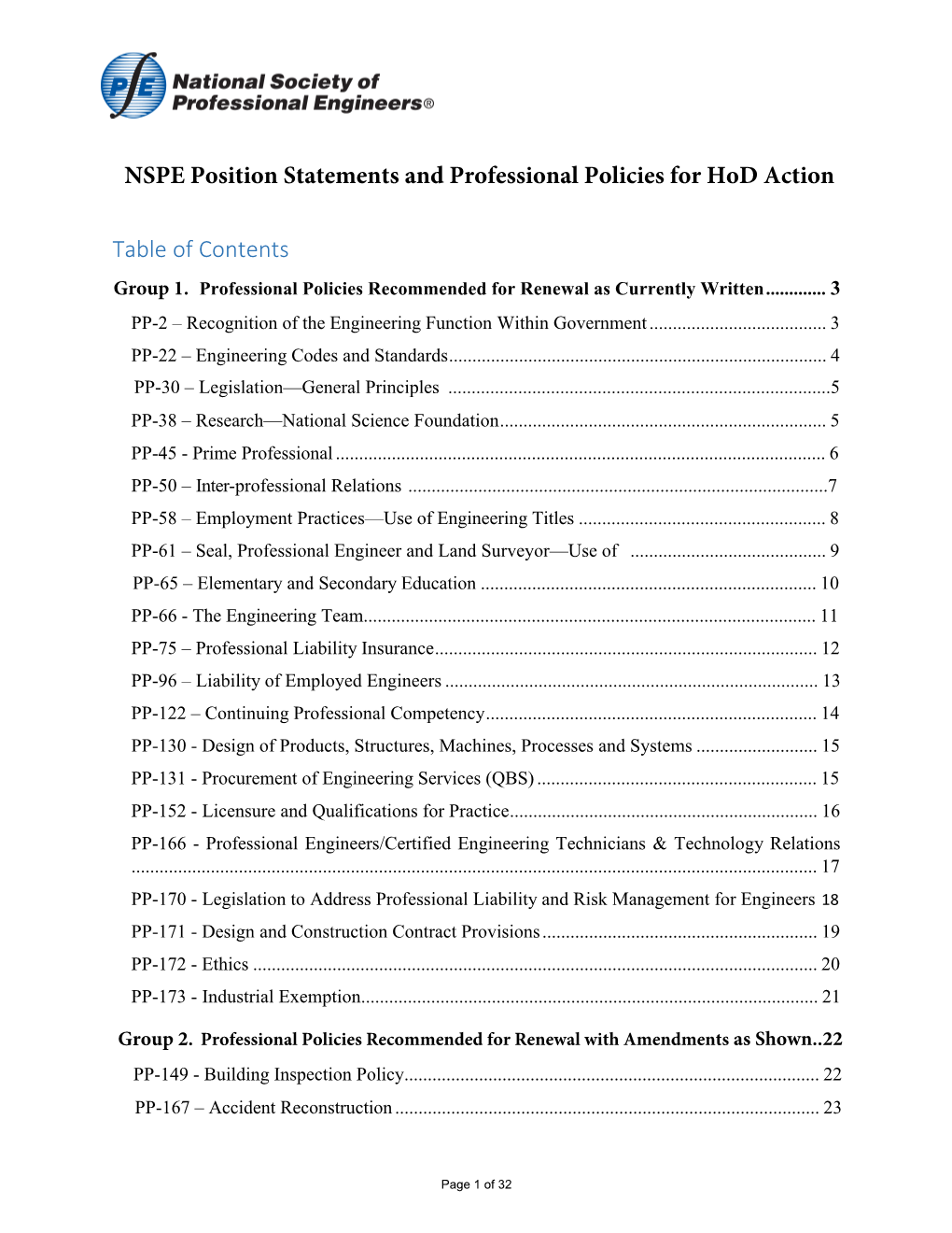 NSPE Position Statements and Professional Policies for Hod Action