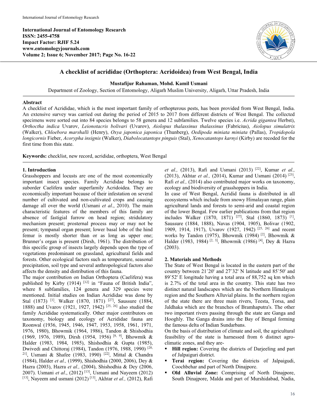 A Checklist of Acrididae (Orthoptera: Acridoidea) from West Bengal, India