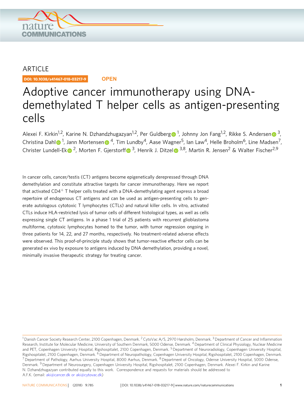 Adoptive Cancer Immunotherapy Using DNA-Demethylated T Helper Cells