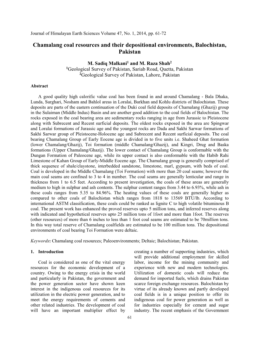 Chamalang Coal Resources and Their Depositional Environments, Balochistan, Pakistan