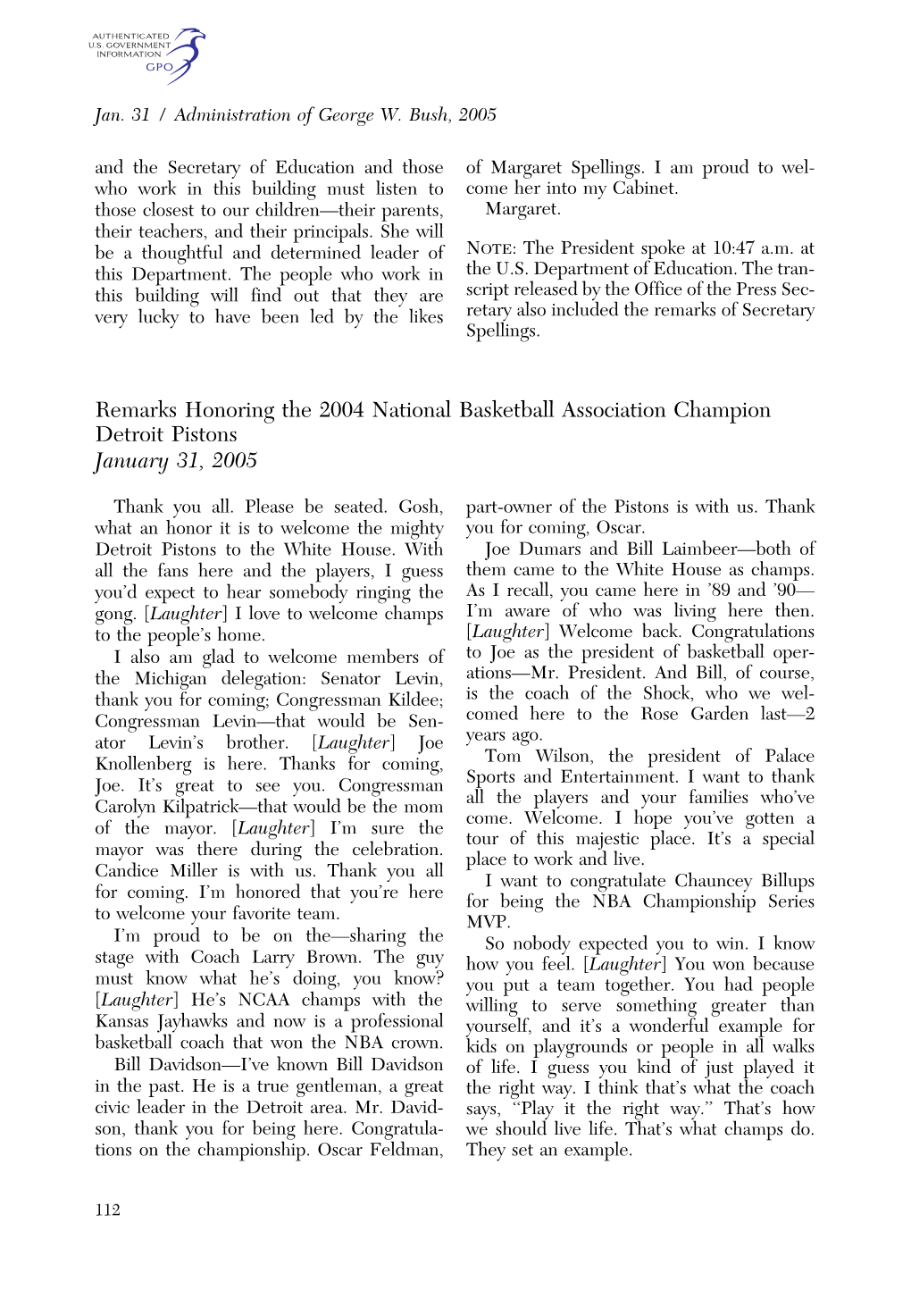 Remarks Honoring the 2004 National Basketball Association Champion Detroit Pistons January 31, 2005