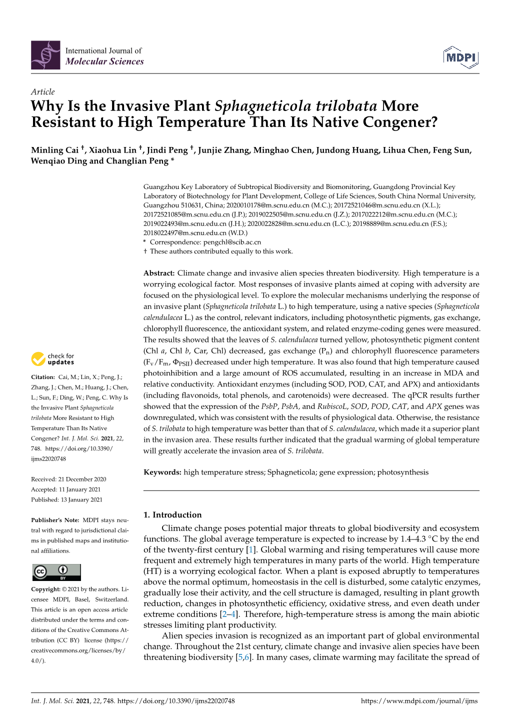 Why Is the Invasive Plant Sphagneticola Trilobata More Resistant to High Temperature Than Its Native Congener?