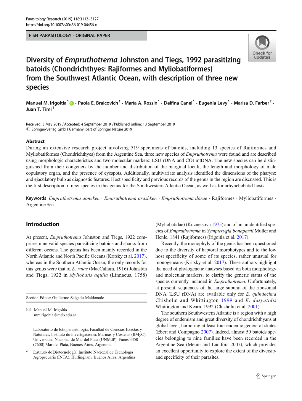 Diversity of Empruthotrema Johnston and Tiegs, 1992 Parasitizing Batoids (Chondrichthyes: Rajiformes and Myliobatiformes) from T