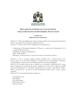 Reglamento De Espectáculos Taurinos Para El Municipio De Monterrey, Nuevo León