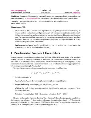 Lecture 4 1 Pseudorandom Functions & Block Ciphers