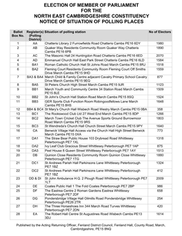 Election of Member of Parliament for the North East Cambridgeshire Constituency Notice of Situation of Polling Places