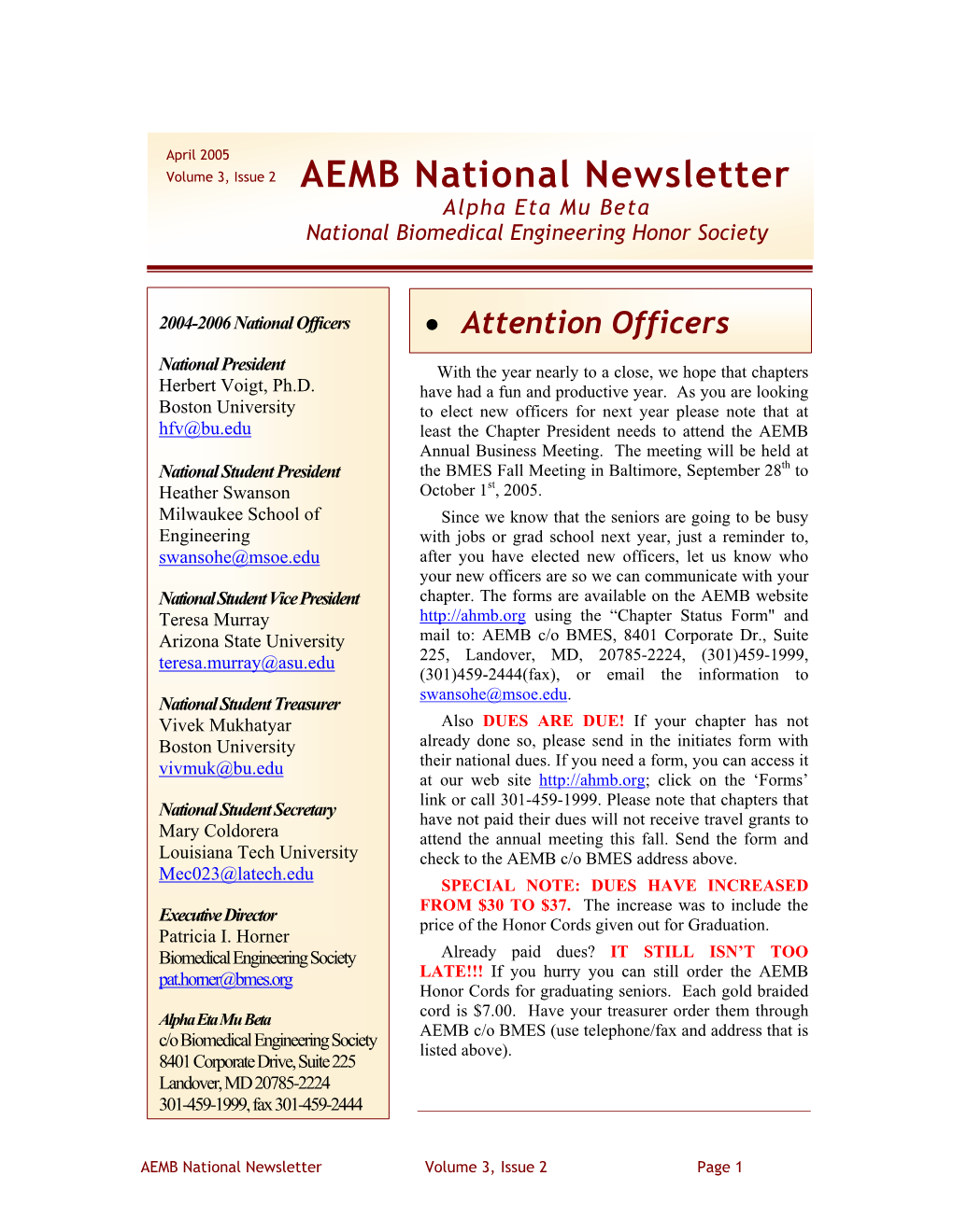 AEMB National Newsletter Alpha Eta Mu Beta National Biomedical Engineering Honor Society