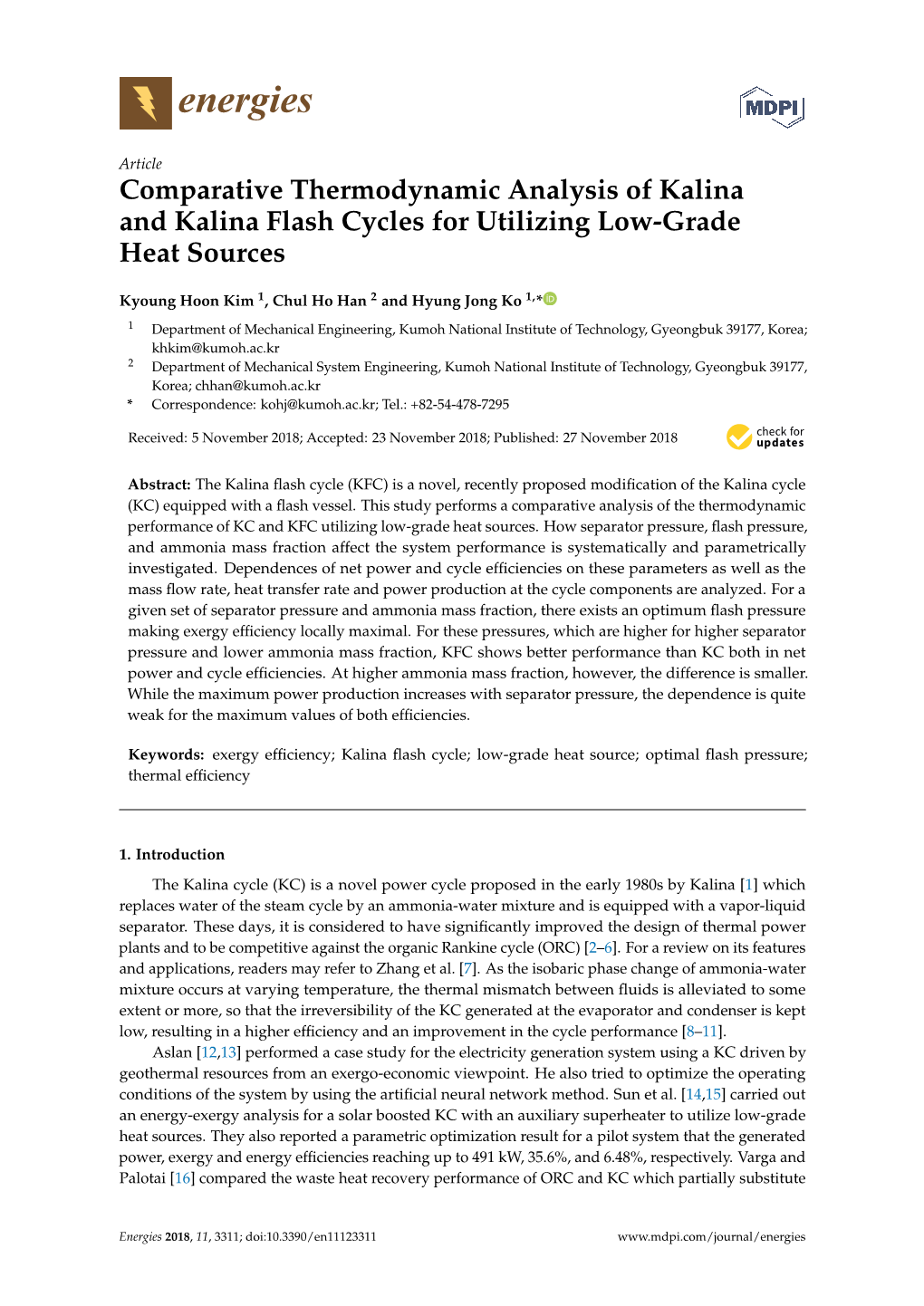 Comparative Thermodynamic Analysis of Kalina and Kalina Flash Cycles for Utilizing Low-Grade Heat Sources