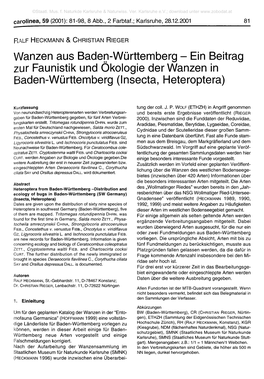 Ein Beitrag Zur Faunistik Und Ökologie Der Wanzen in Baden-Württemberg (Insecta, Heteroptera)