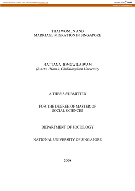 Thai Women and Marriage Migration in Singapore