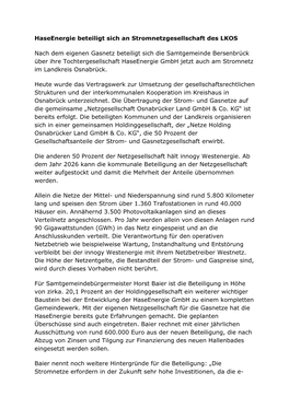 SG Bersenbrück Beteiligt Sich an Stromnetzgesellschaft Des LKOS