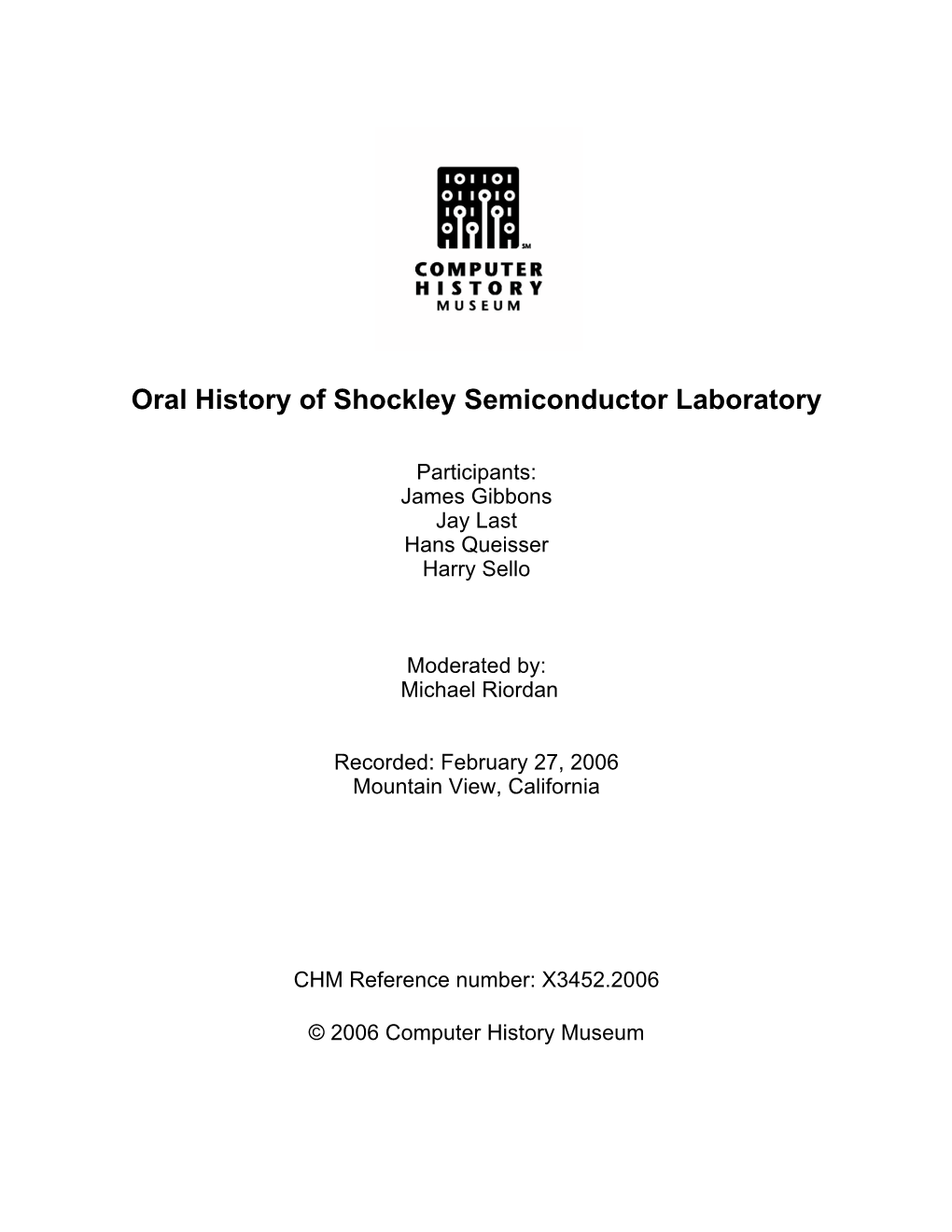 Oral History of Shockley Semiconductor Laboratory