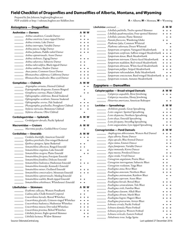 Field Checklist of Dragonflies and Damselflies of Alberta, Montana