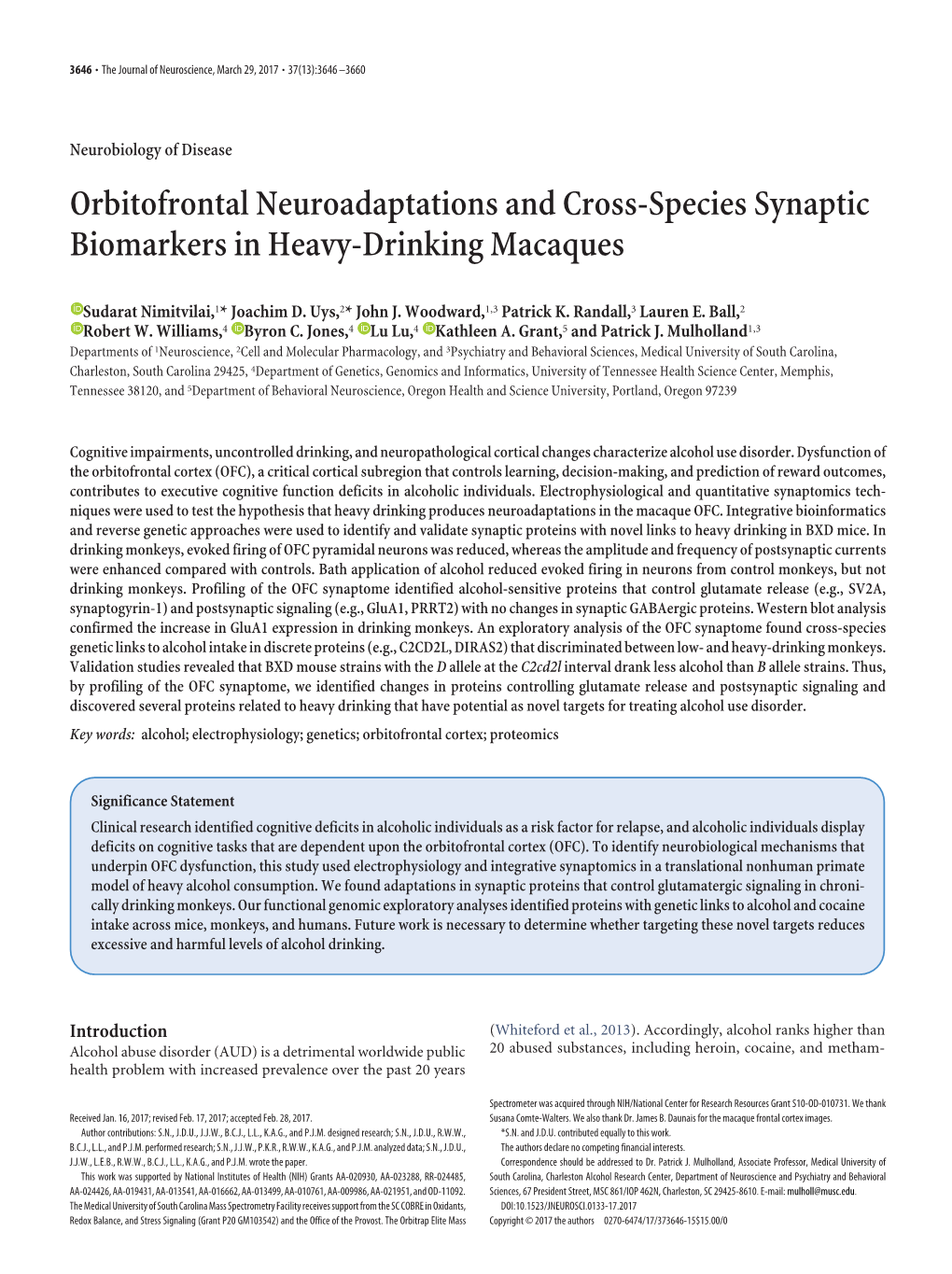 Orbitofrontal Neuroadaptations and Cross-Species Synaptic Biomarkers in Heavy-Drinking Macaques