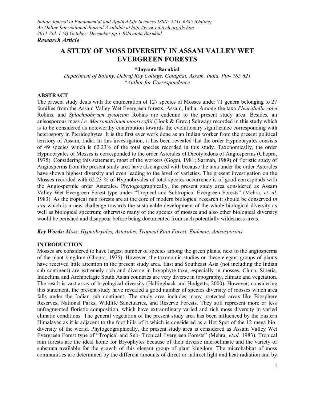 A Study of Moss Diversity in Assam Valley Wet Evergreen Forests