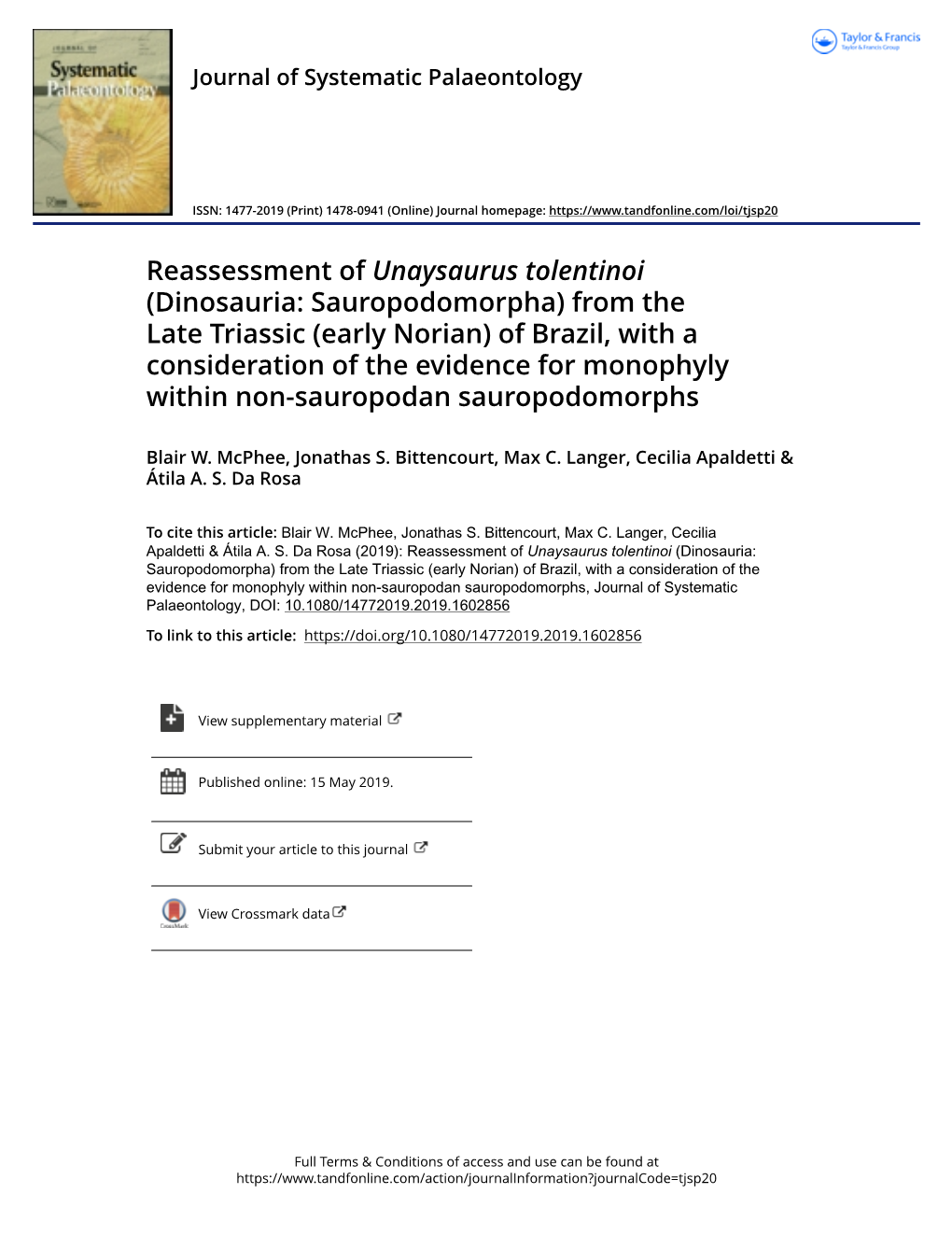 Reassessment of Unaysaurus Tolentinoi (Dinosauria