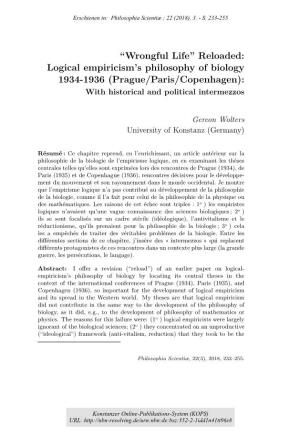 Logico-Empiricism's Philosophy of Biology 1934/36