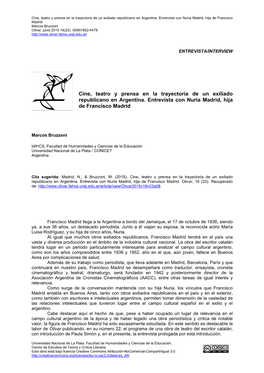Cine, Teatro Y Prensa En La Trayectoria De Un Exiliado Republicano En Argentina. Entrevista Con Nuria Madrid, Hija De Francisco