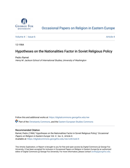 Hypotheses on the Nationalities Factor in Soviet Religious Policy