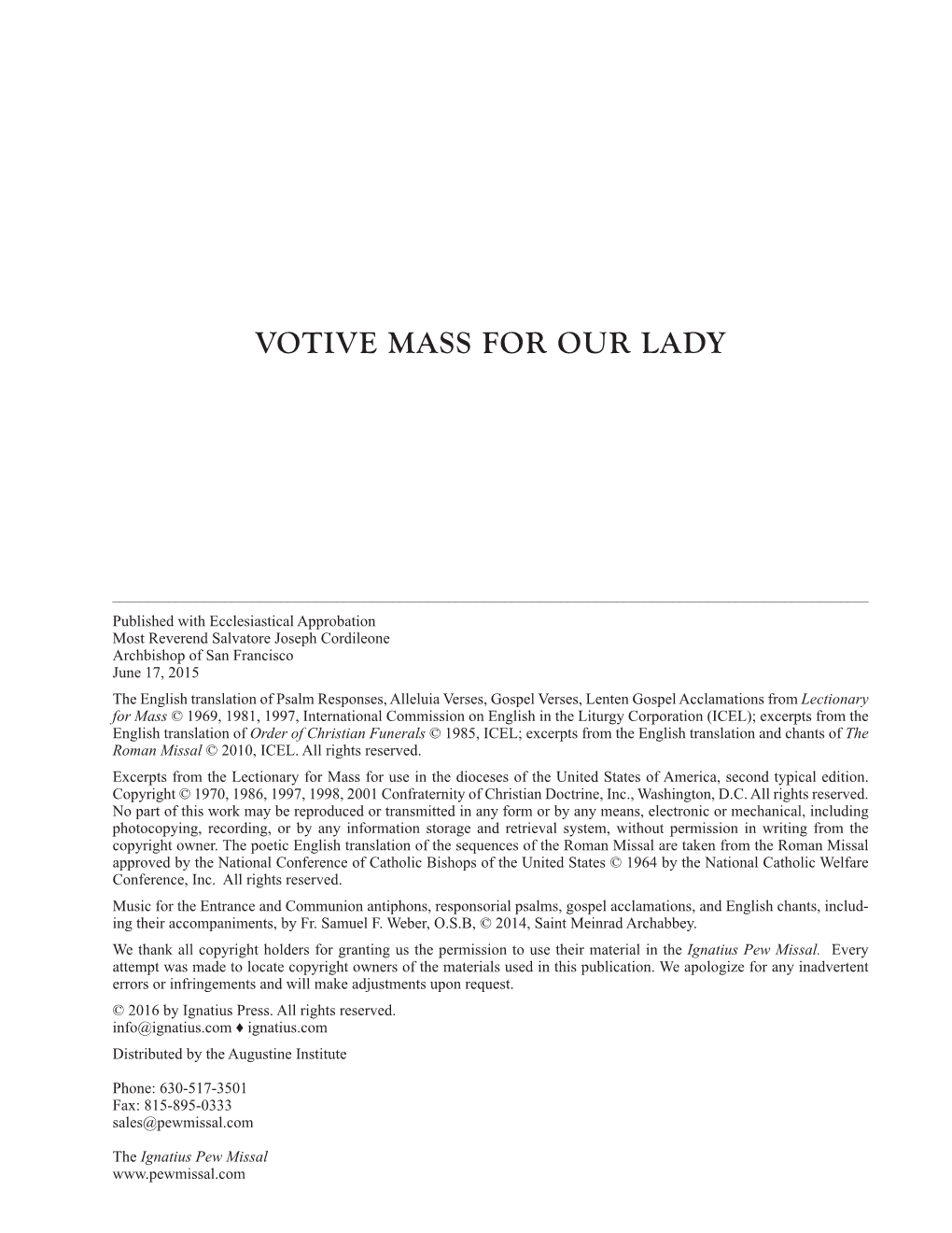 Votive Mass for Our Lady