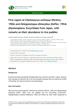 First Report of Cheiloneurus Exitiosus (Perkins, 1906) and Helegonatopus Dimorphus (Hoffer, 1954) (Hymenoptera: Encyrtidae) From