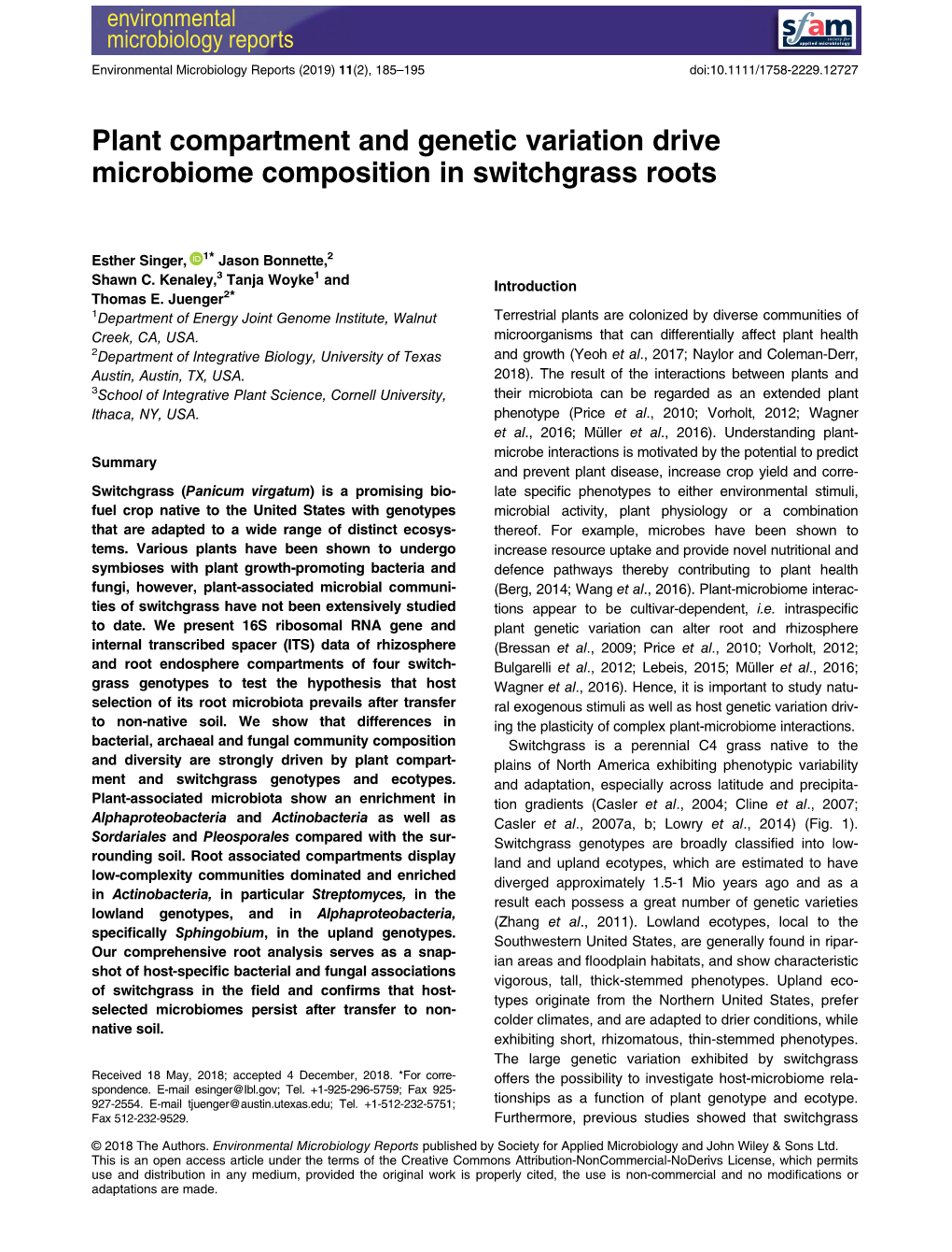 Plant Compartment and Genetic Variation Drive Microbiome Composition in Switchgrass Roots