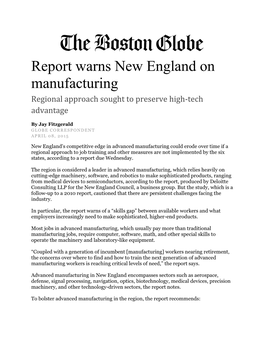 Report Warns New England on Manufacturing Regional Approach Sought to Preserve High-Tech Advantage