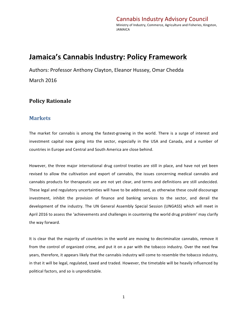 Jamaica's Cannabis Industry: Policy Framework