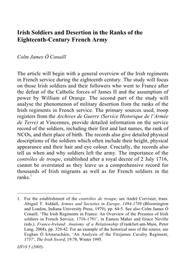 Irish Soldiers and Desertion in the Ranks of the Eighteenth-Century French Army
