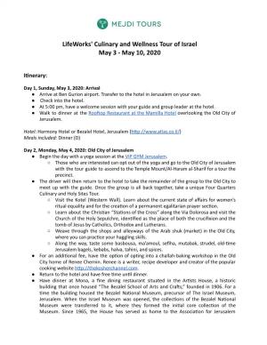Lifeworks' Culinary and Wellness Tour of Israel May 3 ‑ May 10, 2020