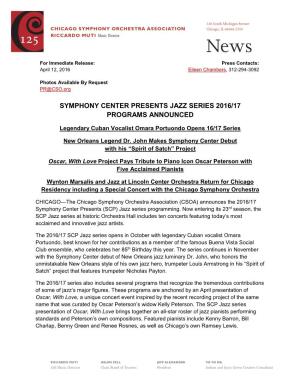 Symphony Center Presents Jazz Series 2016/17 Programs Announced