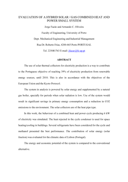 Evaluation of Hybrid Solar / Gas Combined Heat and Power Small