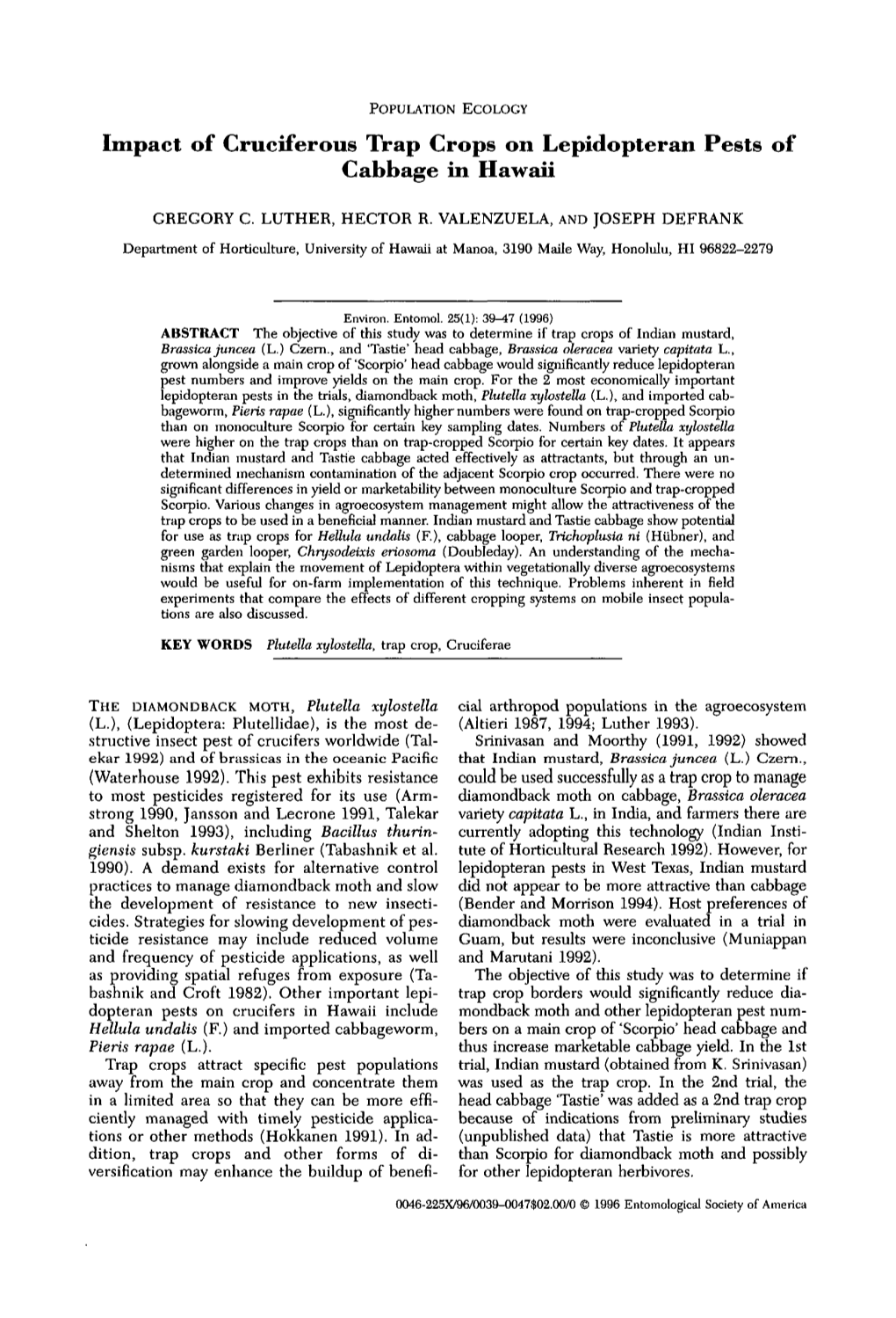 Impact of Cruciferous Trap Crops on Lepidopteran Pests of Cabbage in Hawaii