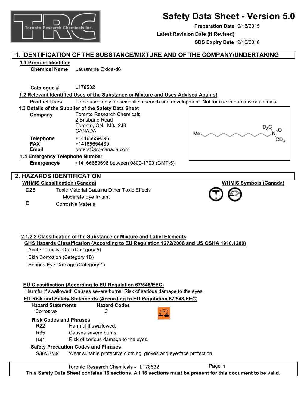 Safety Data Sheet - Version 5.0 Preparation Date 9/18/2015 Latest Revision Date (If Revised) SDS Expiry Date 9/16/2018