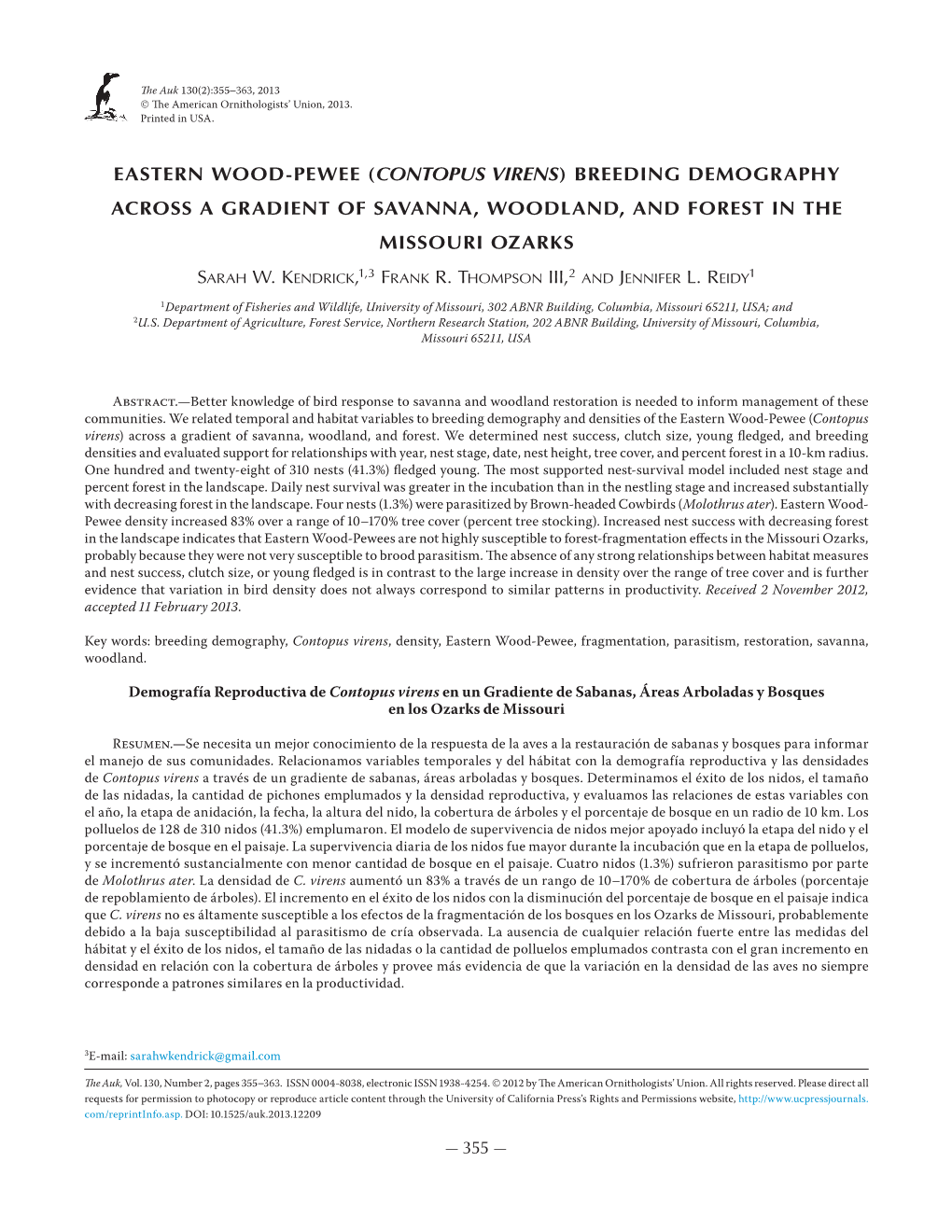 Eastern Wood-Pewee (Contopus Virens) Breeding Demography Across a Gradient of Savanna, Woodland, and Forest in the Missouri Ozarks